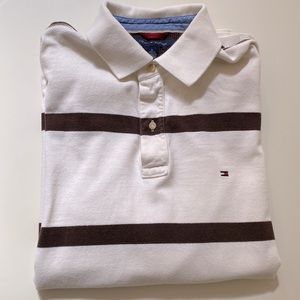 Tommy Hilfiger Long Sleeve Polo Shirt Off White With Brown Stripe